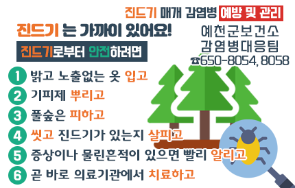 진드기 매개 감염병 예방 및 관리 진드기는 가까이 있어요! 진드기로부터 안전하려면 1. 밝고 노출없는 옷 입고 2. 기피제 뿌리고 3. 풀숲은 피하고 4. 씻고 진드기가 있는지 살피고 5. 증상이나 물린흔적이 있으면 빨리 알리고 6. 곧 바로 의료기관에서 치료하고 예천군 보건소 감염병대응팀 ☎650-8054, 8058